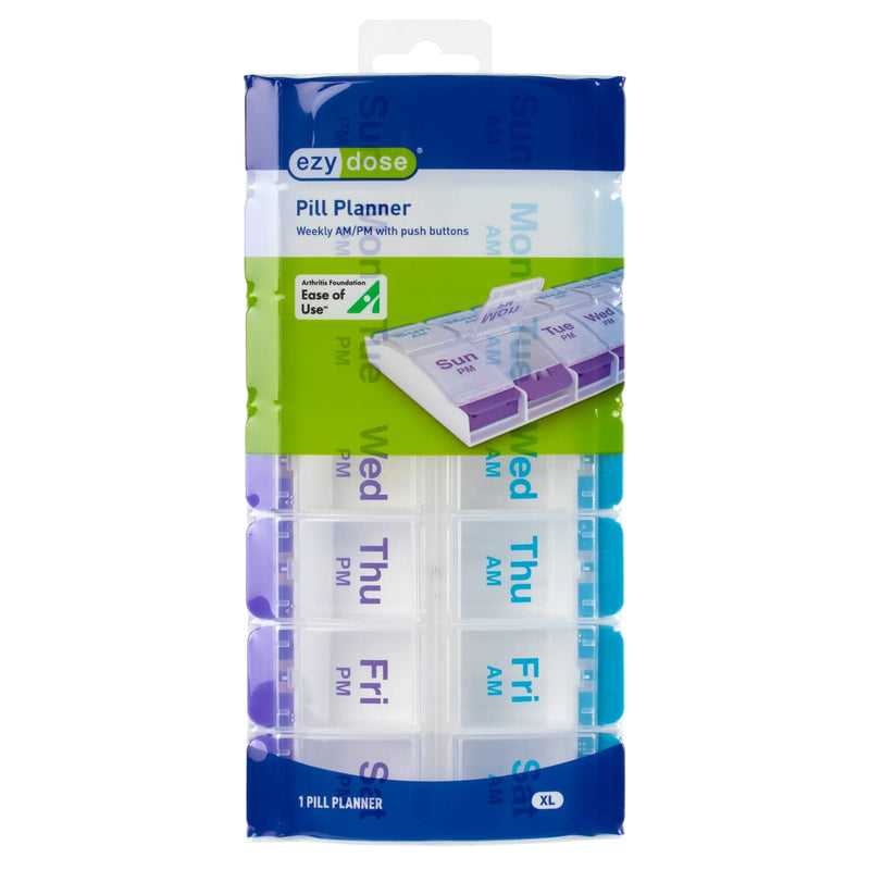 [Australia - AusPower] - EZY DOSE Push Button (7-Day) Pill Case, Medicine Planner, Vitamin Organizer, 2 Times a Day AM/PM, X-Large Compartments, Arthritis Friendly, Clear Lids, Purple and Blue, BPA Free Blue and Purple (Clear Lids) 1 Count (Pack of 1) 