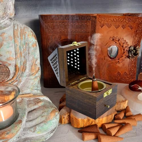 vrinda Wooden Pyramid Cone/Charcoal Burner with Storage Net Carving