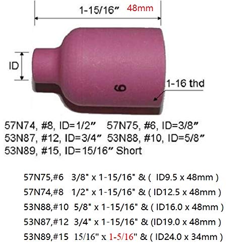 RIVERWELD TIG Gas Lens Collet Bodies 10N 45V Jumbo Large Diameter Alumina Nozzle Ceramic Cups 57N75 6#, 57N74 8#, 53N88 10#, 53N87 12#, 53N89 15# kit for DB SR WP 17 18 26 Welding Torch 20pcs Assorted Size 20pcs
