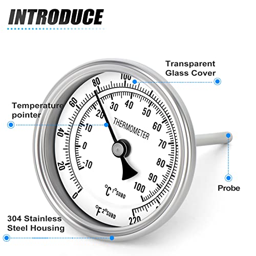 MEANLIN MEASURE bimetal thermometer with 3.3-inch dial, 3-inch stainless steel stem, center back mount, 0-220°F range