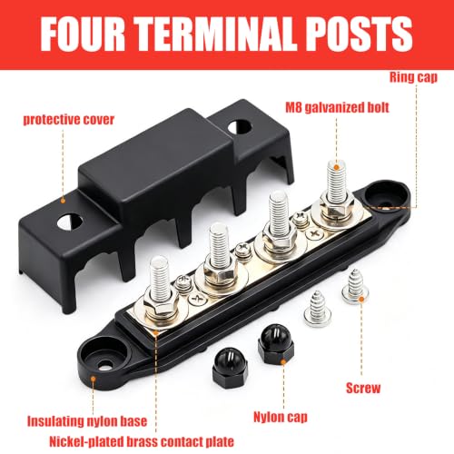 250A Busbar 12V Distribution Block, Power Distribution Block with 5/16 Inch (M8) 4-Post Terminal Block & Cover, Busbar Distribution Block M8 for Car Marine RV RV Truck Electrical System