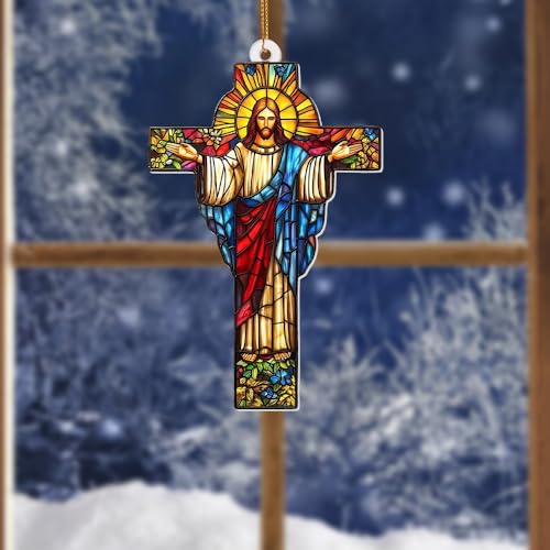 Stained Glass Jesus Cross Car Hanging Ornament – Acrylic Rearview Mirror Charm, Christian Cross Sun Catcher for Car or Home, Inspirational Religious Gift for Men & Women(Sun-29) Sun-29
