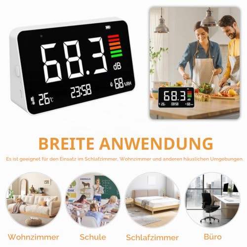Decibel Meter, 4-in-1 Decibel Meter DB Meter Sound Level Meter with Temperature & Humidity, Noise Detector with LED Screen, for Home, Baby Room, Library
