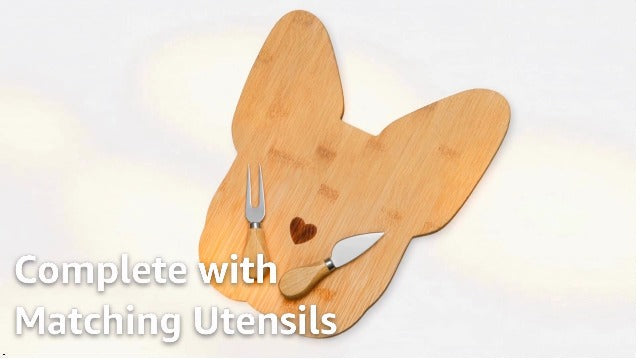 Polished Bamboo Frenchie Cheese Board/Cutting Board Set w/Matching Knife & Fork - 12.2" x 10.8 - Giftable French Bulldog Charcuterie Board