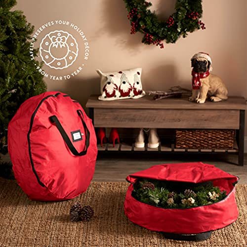 ZOBER 2 Pack Oxford Christmas Wreath Storage Container 48 Inch - Wreath Bag for Artificial Wreaths Box - Waterproof Fabric, Dual Zippered Wreaths Storage Bag With Strong Durable Handles - Red