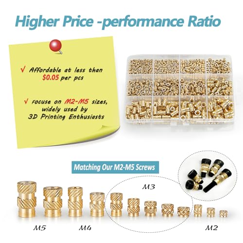 Kadrick M2-M5 heat set insert kit with 520 threaded inserts for 3D printing, assorted sizes in storage case