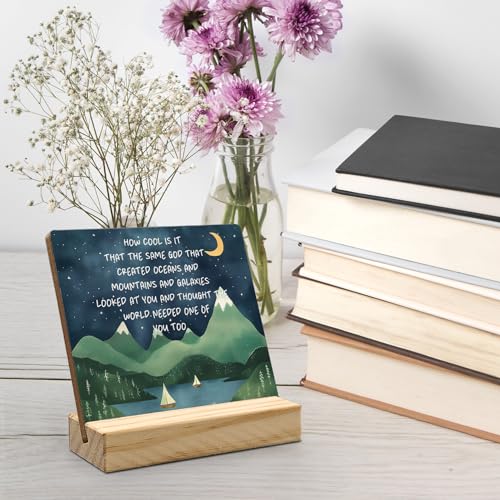 Inspirational Desk Decor, Mountain Moon Night Motivational Quote Wood Plaque, Positive How Cool is It That the Same God Wooden Plaque Sign with Wood Stand for Home Kids Room Nursery Decor