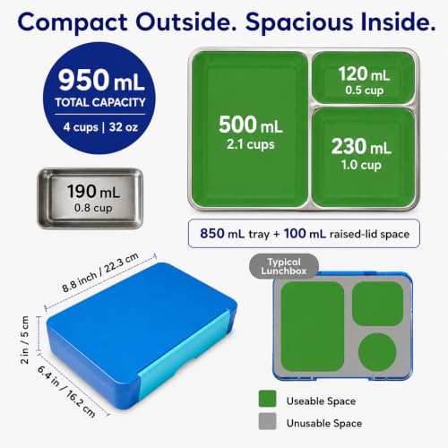 Stainless Steel Bento Lunch box Leakproof for kids boys girls, Food-Grade Silicone Seal, Deep Compartments, Removable 304 Stainless Steel Tray and Insert, Dishwasher Safe, 950ml Blue