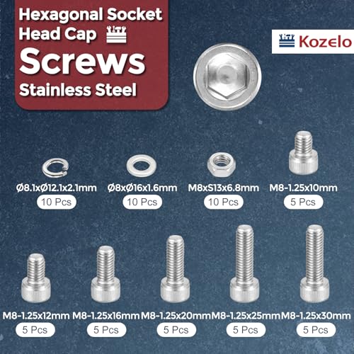 Kozelo 60-piece M8 socket head cap screws and nuts kit in 304 stainless steel, assorted lengths