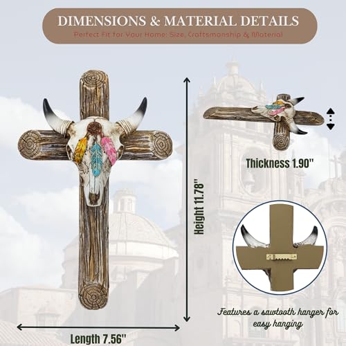 BestGiftEver Rustic Southwestern Wall Cross Faux Wood Steer Skull