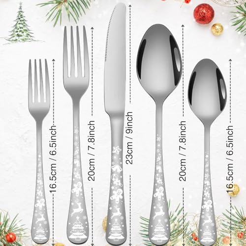 Vilihkc 20-Piece Christmas Style Silverware Set,Stainless Steel Flatware Set, Kitchen Utensil Set Service for 4,Tableware Cutlery Set for Home and Restaurant,Dishwasher Safe Silver