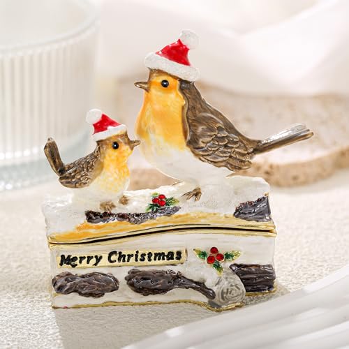 Hand Painted Enamel Christmas Robin Bird Trinket Box, Hinged Jewelry Organizer Storage, Unique Home Decor Keepsake Collectible Figurine, Personalized Decoration Ornament Gifts (Grey Christmas Sparrow) Grey Christmas Sparrow