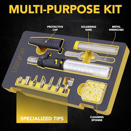 LEXIVON Butane Soldering Iron Kit, Wireless Gas Soldering, Self-Igniting Adjustable Flame, 7 Attachments Set, Working Temperature up to 1300°C, and up to 600°C while Working with Soldering Tips (LX-770)