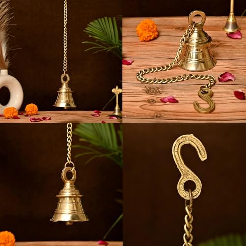 LoveNspire Brass Hanging Bell with Chain for Temple - Indian Wall Mounted Ghanti for Home, Mandir, and Housewarming | Ideal for Diwali Pooja, Christmas, and Spiritual Decor 19 Inches