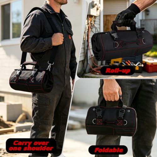 LIBKUR black tool roll bag with 13 pockets and clear pouches rolled open