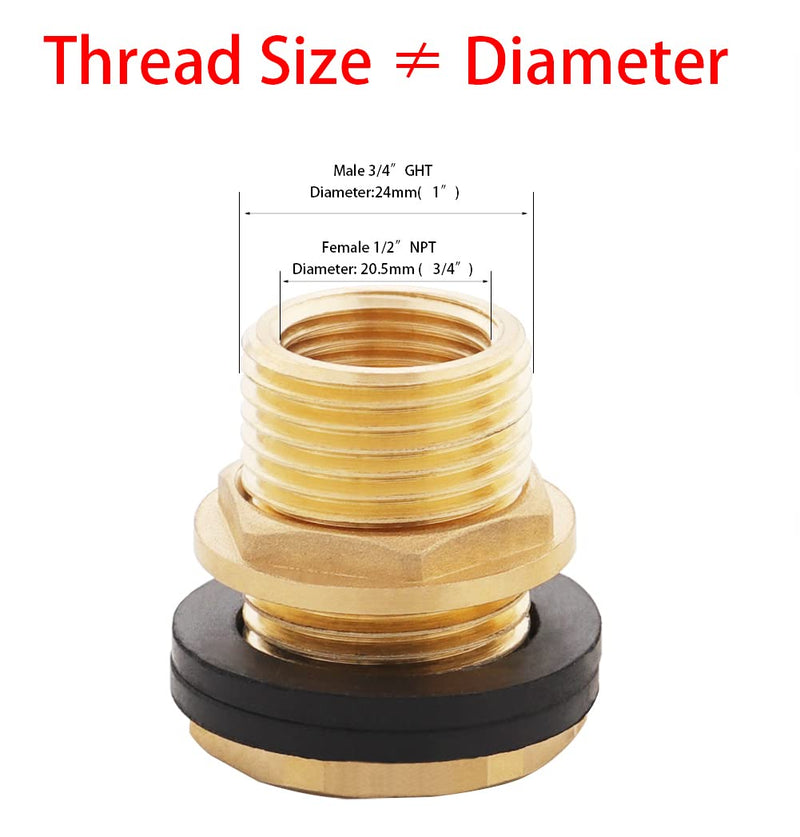 [Australia - AusPower] - Brass Tank Bulkhead Fitting With Plug,Double 1/2" Female NPT and 3/4" Male GHT (Garden Hose Threaded) 1 Pack 