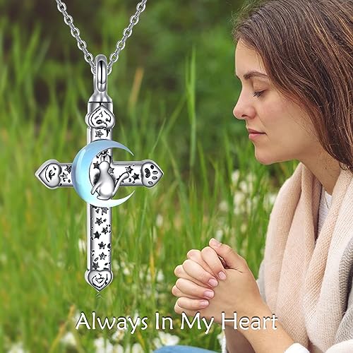 POPLYKE Pet Cat Cremation Jewelry for Ashes Sterling Silver Memorial Ash Jewelry Keepsake Urn Pendants for Animal Ashes Necklace Cross