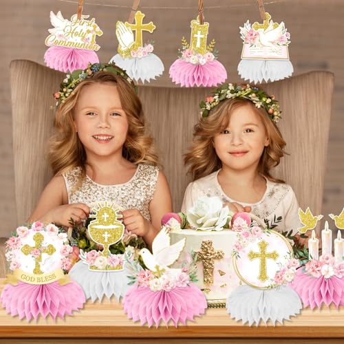 First Communion Decorations Honeycomb Centerppieces, 12Pcs Pink and Gold First Communion Centerpieces for Tables, God Bless Religious Table Centerpices for Girls Baptism Mi Primera Comunion