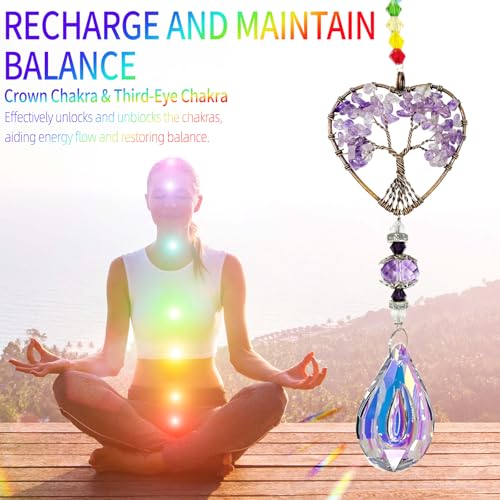 Amethyst Sun Catchers for Windows, Tree of Life Natural Chakra Healing Crystal Stone Spiritual Gifts for Adult Women, Novelty Natural Quartz Gemstone Pendant Rainbow Maker Suncatcher for Ladies Girls Amethyst