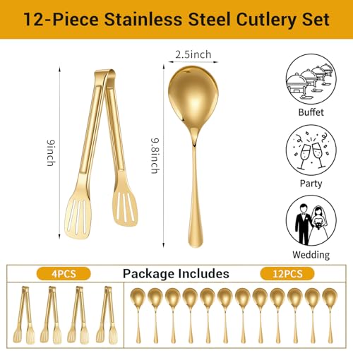 12pcs Gold Stainless Steel Serving Utensils Sets,8 Large Serving Spoons,4 Serving Tongs,Gold Serving Utensills Sets Metal Buffet Banquet Cutlery for Parties Weeding Birthday Entertaining Catering