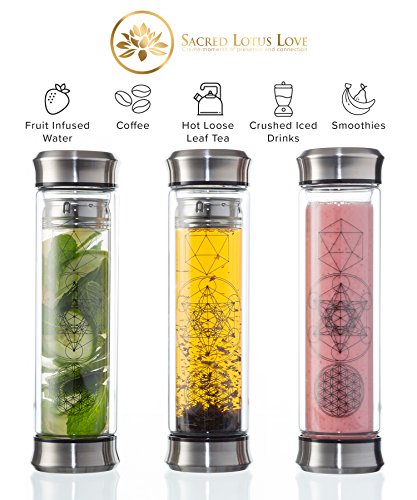Sacred Lotus Love Double-Walled Glass Tea Infuser Bottle 14oz Portable Travel Mug with Strainer and Sleeve for Loose Leaf Tea, Coffee, Smoothies - Insulated Tumbler with Lid for Hot and Iced Beverages