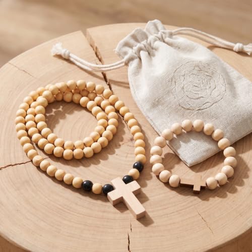 Garneck 2pcs Wooden Religious Prayer Bead Necklace for Women, Beige Beads