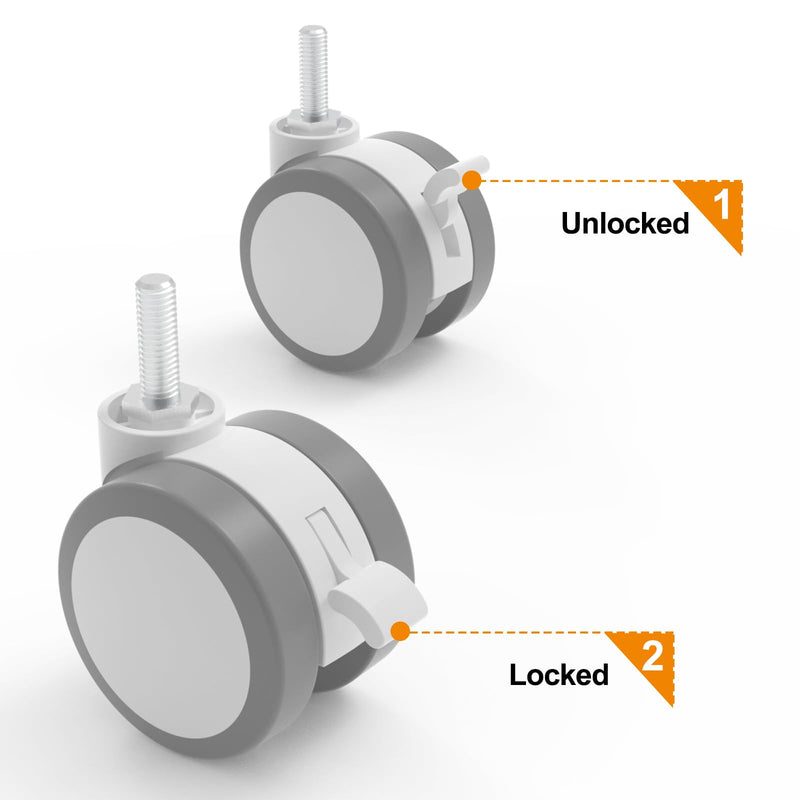 [Australia - AusPower] - JOY worker Lockable Stem Caster Wheels Set of 4, Metric M8 Nylon Threaded Swivel Caster, 2.5 Inch Stem Casters Replacement for Standing Desk & Mobile Desk, Each Load Capacity 110lbs, White 