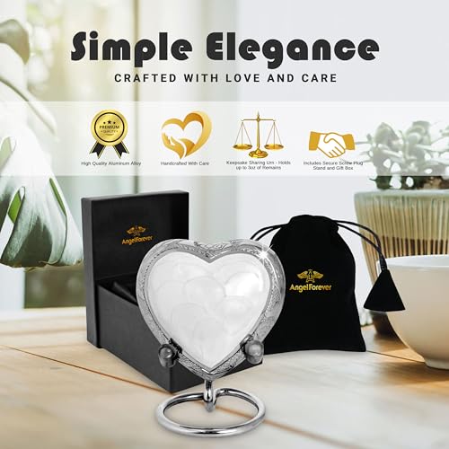 White Heart Keepsake Urn for Human Ashes – Handcrafted Brass Mini Urn with Stand, Velvet Bag & Gift Box – Enamel-Coated Small Memorial Urn for Baby, Pet or Loved One – Decorative Funeral Keepsake White