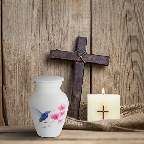 Small Keepsake Cremation Urn with Velvet Case | Choose from Unique Colors | Lovely Sharing Mini Metal Token for Human Ashes or Pet. (Keepsake, Hummingbird White)