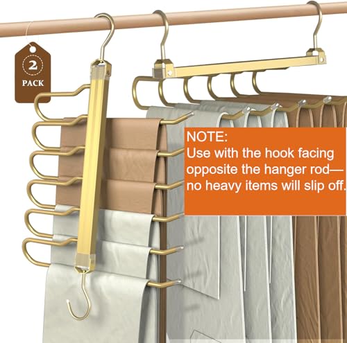 Pants Hangers,2 Pack Golden Metal Alloy Hangers Closet Organizer,Sturdy Space-Saving Clothes Pants Hangers, Closet Organizers for Pants Jeans Skirts Scarf Legging