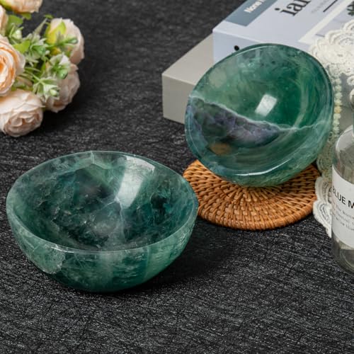 Large Green Fluorite Crystal Bowl Hand-Carved Round Fluorite Crystals Gemstone Bowl Reiki Healing Home Decoration Gift 4-4.5" Large