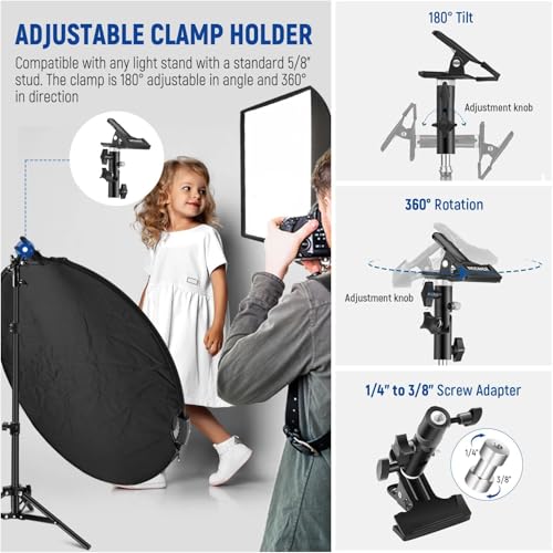 NEEWER 43"/110cm Light Reflector with Clamp & Hand Grips, 5 In 1 Collapsible Multi Disc Photography Reflector Translucent/Silver/Gold/White/Black with 3/8" Thread for Studio Outdoor Lighting, RF-110II 110cm w/Clamp