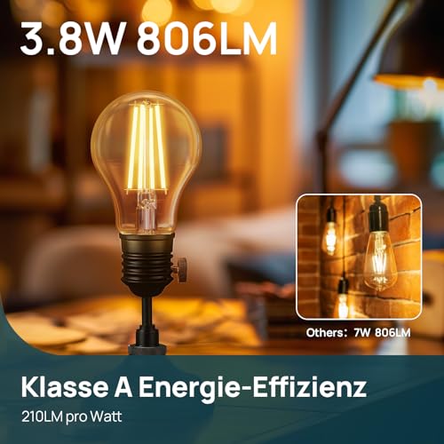 Linkind Ultra Efficient E27 Vintage Bulb, 3.8 W = 60 W, 2700 K Warm White with Energy Class A, Filament A60 Edison 806 Lm, 320° Beam Angle, Clear, Pack of 2 Warm White-60w 2 pieces
