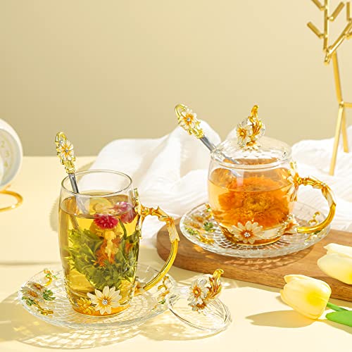 Floral Yellow 12oz Hand Painted Glass Teacup with Lid, Spoon & Saucer - Gift for Mom, Teacher, Lovers - Christmas, Valentine's Day, Mother's Day 12oz Crystal Daisy