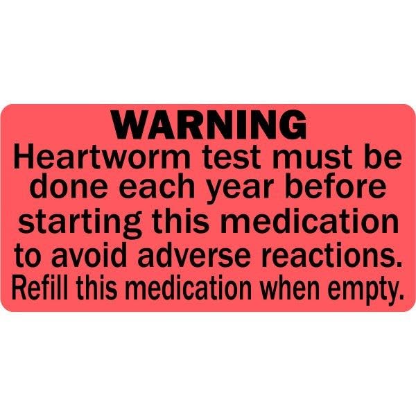 Heartworm Test Warning with Refill Veterinary Labels - 2” x 1”, 500 Labels/Roll, Red | Refill Warning - Apply to Medication Bottles, Charts & Records | LabelValue Brand