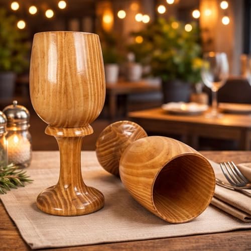 collectiblesBuy Antique Wooden Wine Goblets Set of 2 Natural Vibe Rustic Elegance Eco Friendly Heritage Harvest Cups Handcrafted Drinkware for Wine and Beverages