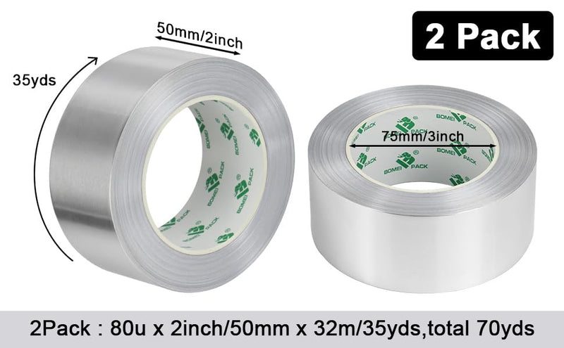 BOMEI PACK 2 Inch x 35 Yard Heavy Duty Aluminum Foil Tape, 2 Pack High Temperature Silver Duct Tape, Self-Adhesive Metal Tape, Perfect for Sealing & Patching,HVAC,Insulation and Metal Repair 50mm