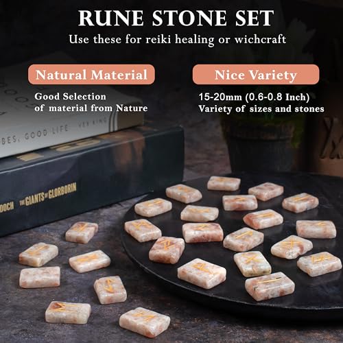 Crocon Sunstone Rune Stones Set 25 pcs Rectangle Shape with Elder Futhark #02 Sunstone Rune