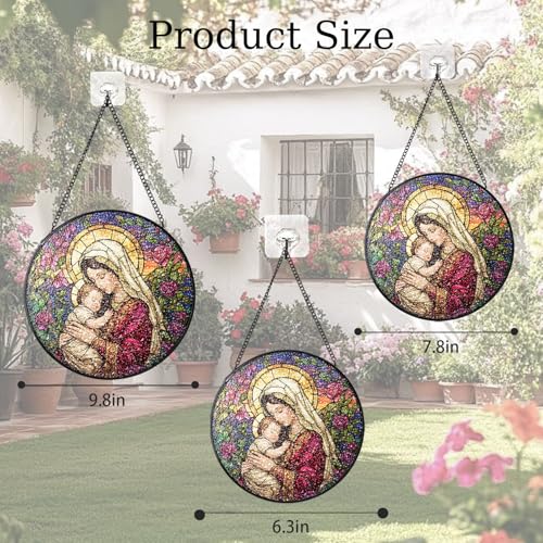 Stained Glass Window Hanging, Virgin Mary and Baby Jesus Suncatchers 6.3x6.3in