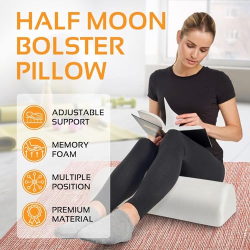 AllSett Health Large Half Moon Bolster Pillow for Legs, Knees, Lower Back and Head, Lumbar Support Pillow for Bed, Sleeping | Semi Roll for Ankle and Foot Comfort - Machine Washable Cover, White Knee Half Moon White