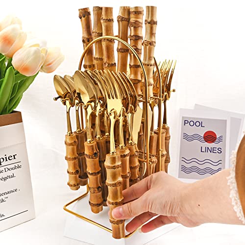 24-Piece Gold Stainless Steel Flatware Set, Bamboo Handle Cutlery with Stand Dinnerware Set Include Knife Fork Spoon And Teaspoon, Service For 6, Mirror Finished.