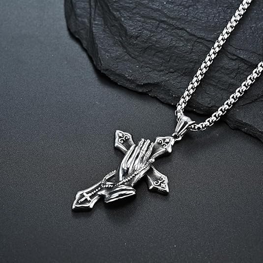 Praying Hand Cross Necklace for Men Stainless Steel Retro Small Prayer Hands Pendant Men Women for Christian Cross Jewelry Gift