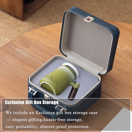 Tmtemn 12oz wood handle tea mug with infuser lid, ideal for brewing tea, shown in gift box packaging.