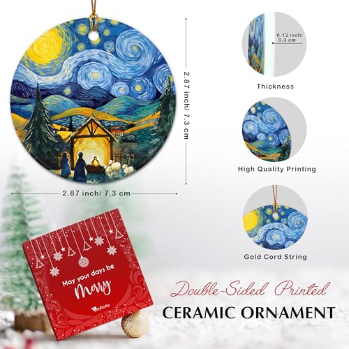 Nativity Scene Christmas Ornament 2026 - Starry Night with Holy Family Religious Art Keepsake, Double-Sided Ceramic Christmas Tree Decorations - Holiday Christian Gifts for Men, Women, Art Lovers