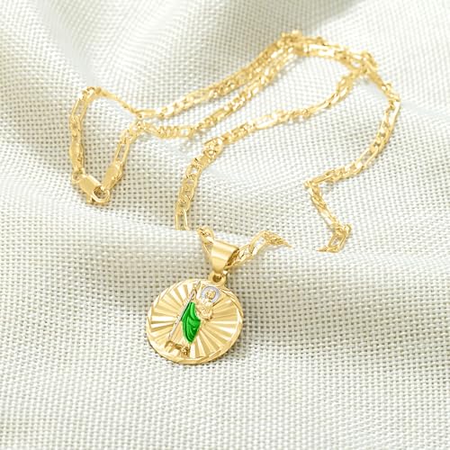 18K Gold Plated Saint Jude Medal Pendant Necklace, Religious Catholic Jewelry with Green Enamel Detail, Sunburst Design