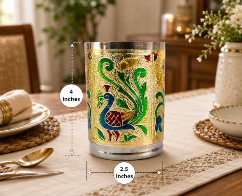 Rastogi Handicrafts Set of 6 Stainless Steel Glass Indian Handmade Meena Patchwork Peacock Design Golden Silver Color Diwali Christmas Tumbler Gift Set item (Golden)