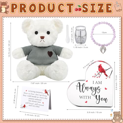 Kenning Cremation Keepsake Urn for Ashes Set, Memorial Bear with Mini Urn & Spoon, Acrylic Heart Memorial Plaque, Angel Wing Bracelet, Sympathy Bereavement Gift for Loss of Loved One or Pet (White) White
