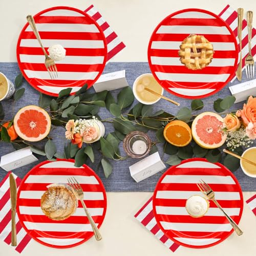 175Pcs Red and White Stripes Party Supplies Set 9"Red and White Striped Plates7"Red carnival Plates Napkins Cup Knive Fork Spoon for Striped Carnival Picnic BBQ Independence Day Party Decor Serve25