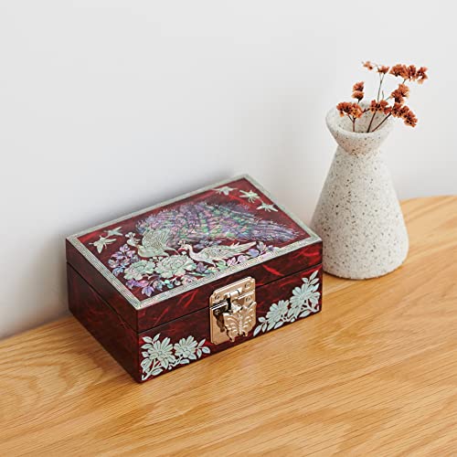 MADDesign Mother of Pearl Ring Earring Jewelry Box Peacock Design Red