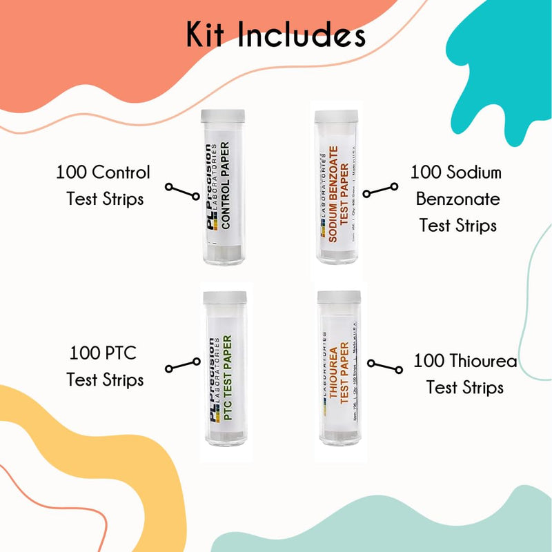 [Australia - AusPower] - EISCO Super Taster Test Kit - PTC Paper Strips with Biodegradable Box & Instructions - Lab Quality - Classroom Pack - PTC Paper, Sodium Benzoate, Thiourea, and Control (No Chemical), 100 Strips Each 